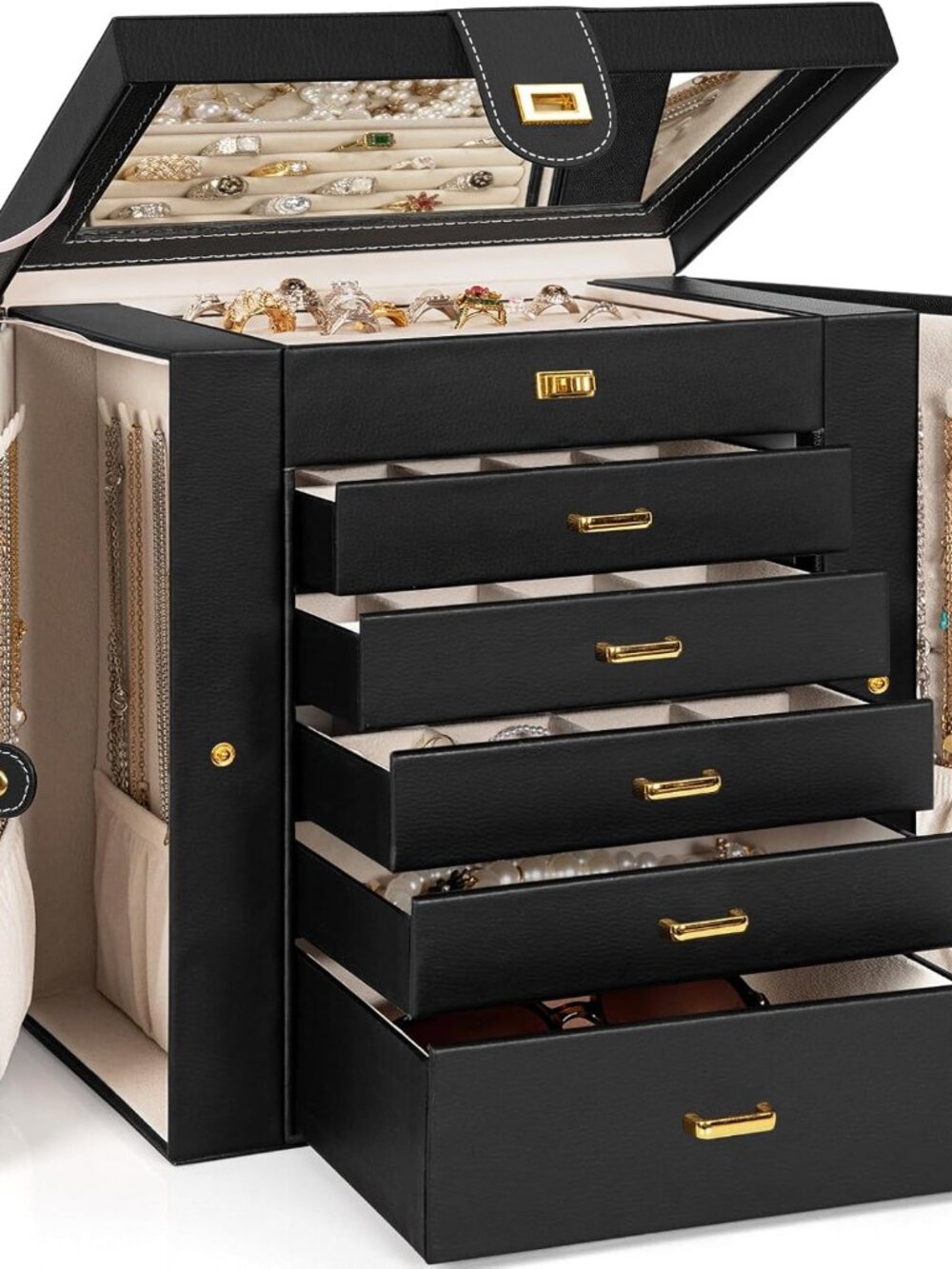 6-Tier Extra Large Jewelry Box with Mirror & 5 Drawer Storage - Elegant Black